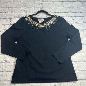 Anthropologie Adrianna Papell Black Silk Blend Sweater w/Pearl Details. Size 12.